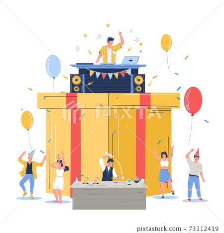 Group of people celebrating happy birthday, vector flat illustration 73112419