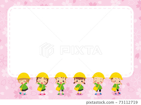 可愛的幼兒園兒童和幼兒園櫻花圖案框架的插圖小孩6人 73112719