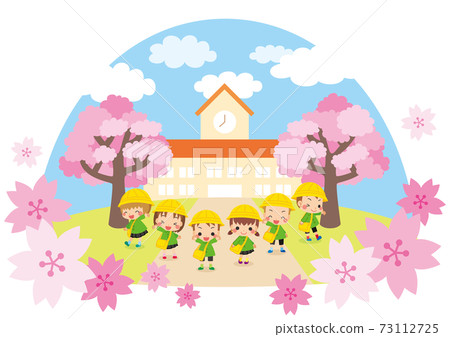Illustration of cute kindergarten children and kindergarten Cherry blossoms blooming spring scenery Younger kids 6 people icon 73112725