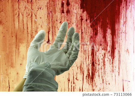 Concept of murder bloody on wall and human hand with rubber gloves. Concept of murder bloody on wall and human hand with rubber gloves. 73113066