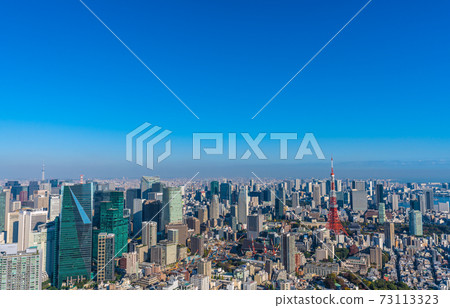 俯瞰大城市東京的日本東京城市景觀，如閃耀在藍天下的東京鐵塔 73113323