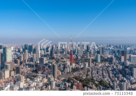 俯瞰大城市東京的日本東京城市景觀,如閃耀在藍天下的東京鐵塔 俯瞰大城市東京的日本東京城市景觀,如閃耀在藍天下的東京鐵塔 73113348