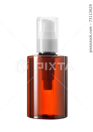 cosmetic bottle of brown glass or Plastic with white pump dropper and  clear cap isolated on white background 73113629