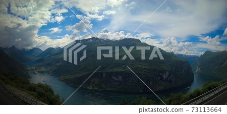 Aerial panorama view to Geiranger fjord,Trollstigen, Norway 73113664
