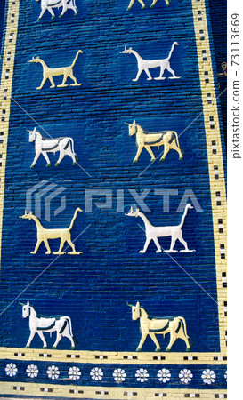 Fragment of Ishtar gates copy decotation in Babylon ruines Iraq 73113669