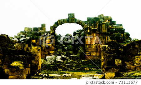 Arch  of Great Colonnade at Apamea in fog, partially destroyed, 73113677