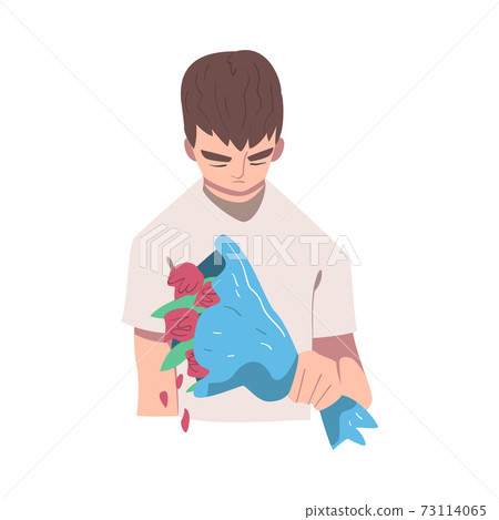 Sad Male Character with Bunch of Flowers Suffering Because of Lost Love and Heartbreak Vector Illustration 73114065