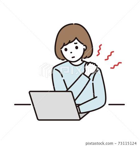 A woman suffering from stiff shoulders in front of a computer A woman suffering from stiff shoulders in front of a computer 73115124
