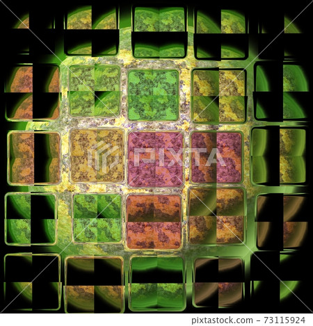 Red blue and green sphere behind glass lime. Tunnel through  glass 73115924