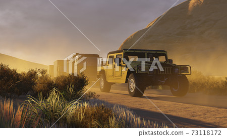 Military motorcade on a canyon road at evening 3D Military motorcade on a canyon road at evening 3D 73118172