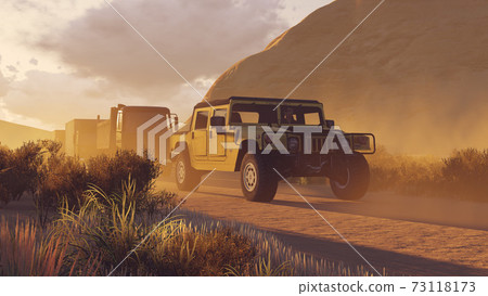 Military motorcade on dirt road in desert 3D image Military motorcade on dirt road in desert 3D image 73118173