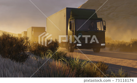 Military motorcade on dusty desert road at dusk 3D Military motorcade on dusty desert road at dusk 3D 73118174