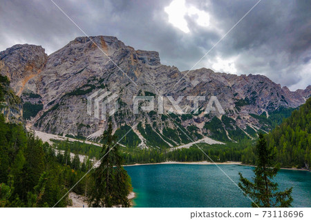 Lake Braies. Colorful autumn landscape in the Italian Alps. 73118696