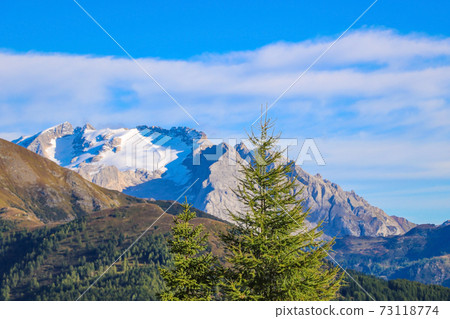 Beautiful summer landscape, fantastic alpine pass and high mountains, Dolomites, Italy, Europe. Out of focus. 73118774