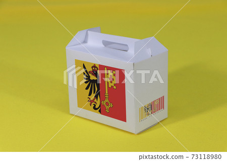 Geneva flag on white box with barcode and the color of canton flag on yellow background. Geneva flag on white box with barcode and the color of canton flag on yellow background. 73118980