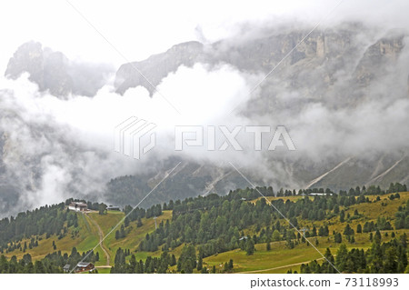 The peaks of the Dolomites in Italy are covered in fog. Early wet foggy morning. Beginning of autumn. Clean fresh air, lack of people. Selective focus. The peaks of the Dolomites in Italy are covered in fog. Early wet foggy morning. Beginning of autumn. Clean fresh air, lack of people. Selective focus. 73118993