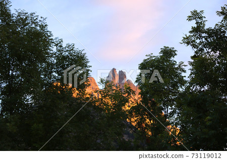 In the foreground is vegetation, green trees. In the background is the top of the Dolomite Mountain. Illuminated by sunrise or sunset. Selective focus. In the foreground is vegetation, green trees. In the background is the top of the Dolomite Mountain. Illuminated by sunrise or sunset. Selective focus. 73119012