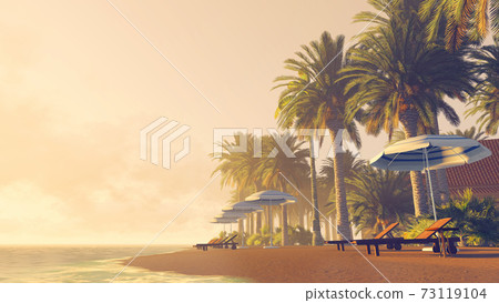 Palms, deckchairs and parasols on tropical beach 73119104