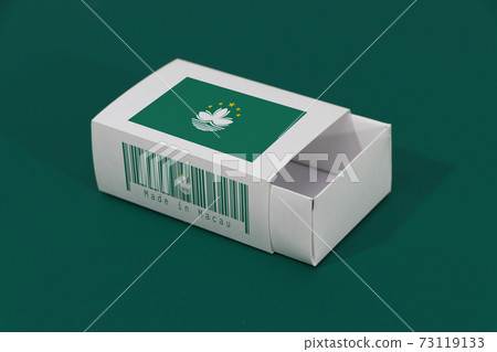 Macau flag on white box with barcode and the color of nation flag on green background 73119133