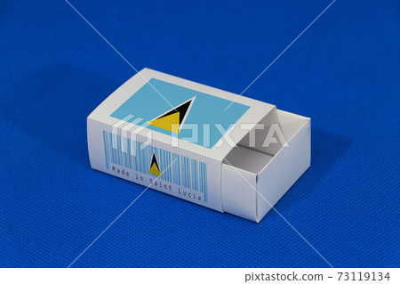 Saint Lucia flag on white box with barcode and the color of nation flag on blue background 73119134