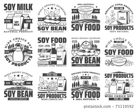 Natural soybean food products engraved icons set Natural soybean food products engraved icons set 73119592