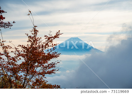 (Yamanashi Prefecture) Autumn leaves of Mt. Kushigata Mt. Fuji floating in the sea of clouds (Yamanashi Prefecture) Autumn leaves of Mt. Kushigata Mt. Fuji floating in the sea of clouds 73119669