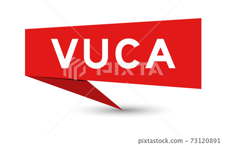 Paper speech banner with word VUCA (abbreviation of Volatility, uncertainty, complexity and ambiguity) in color on white background (Vector) 73120891