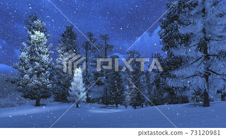 Winter night in snowy pine forest 3D illustration 73120981