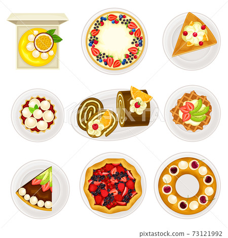 Sugary Desserts with Cheesecake and Rolled Cake Served on Plate Vector Set 73121992