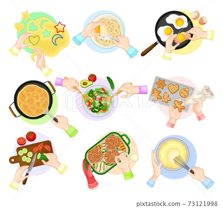 Hands Preparing and Cooking Food Above View Vector Set 73121998