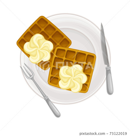 Gaufre or Waffle Served with Cream on Plate as Sugary Dessert Vector Illustration 73122019