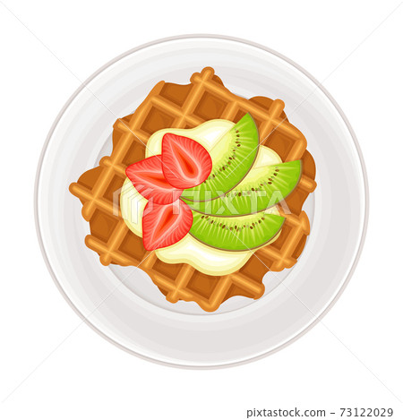 Gaufre or Waffle Served with Cream and Fruit on Plate as Sugary Dessert Vector Illustration Gaufre or Waffle Served with Cream and Fruit on Plate as Sugary Dessert Vector Illustration 73122029
