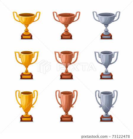 Gold, silver and Bronze trophy cups. Trophy award cups set with different shapes - 1st, 2nd and 3rd place winner trophies. Flat style vector illustration. 73122478