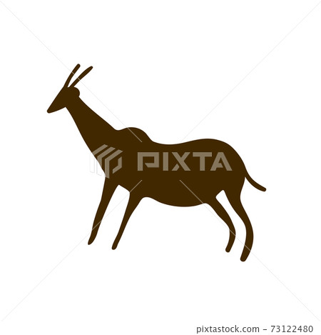 Cave paintings - ancient hand-painted petroglyphs. Various animals and hunters in a primitive tribal style. 73122480