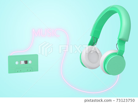 green wireless headphones link cassette tapes , 3d rendering green wireless headphones link cassette tapes , 3d rendering 73123750