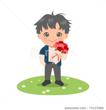 Cute cool boy holding a bouquet of rose flowers. Valentine's day illustration card. Flat style cartoon vector. Cute cool boy holding a bouquet of rose flowers. Valentine's day illustration card. Flat style cartoon vector. 73123908