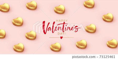 Background for Valentines Day banner, poaster, postcard made of heart-shaped chocolates wrapped in gold foil with the inscription Happy Valentines Day on a pink background. Vector illustration Background for Valentines Day banner, poaster, postcard made of heart-shaped chocolates wrapped in gold foil with the inscription Happy Valentines Day on a pink background. Vector illustration 73125461