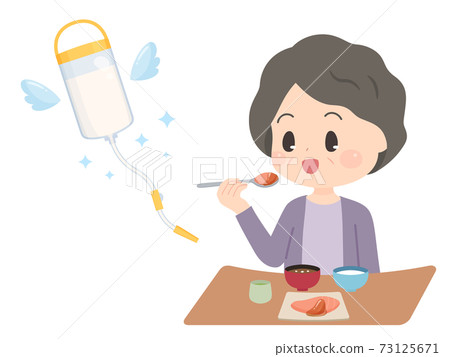 Illustration of grandma who became able to eat meals and removed gastric fistula Illustration of grandma who became able to eat meals and removed gastric fistula 73125671