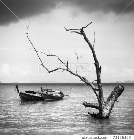 Boat on East Railay Bay Beach, Thailand - BW 73126300