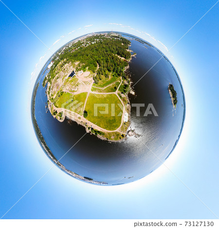 A three dimensional panoramic aerial view of Katariina Seaside Park in a mini planet panorama style., Kotka, Finland. 73127130