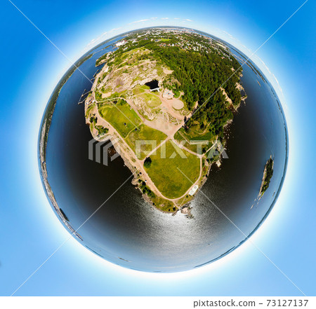 A three dimensional panoramic aerial view of Katariina Seaside Park in a mini planet panorama style., Kotka, Finland. 73127137