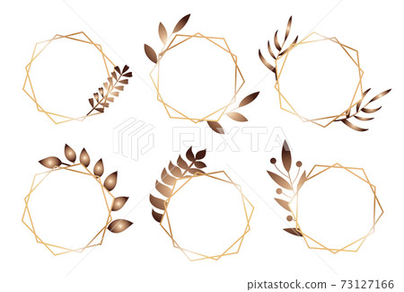 Abstract modern gold frame with tropical leaves plants. Scandinavian line style polygonal glitter triangles, geometric, diamond shapes. Vector illustration Abstract modern gold frame with tropical leaves plants. Scandinavian line style polygonal glitter triangles, geometric, diamond shapes. Vector illustration 73127166