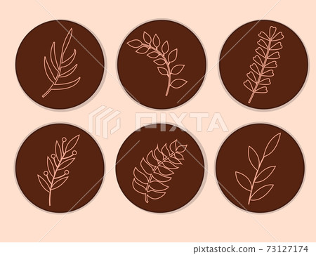 Abstract modern plants line, round shapes for buttons or logo. Scandinavian minimalism style. Floral Decoration Branch Leaf. Vector illustration Abstract modern plants line, round shapes for buttons or logo. Scandinavian minimalism style. Floral Decoration Branch Leaf. Vector illustration 73127174