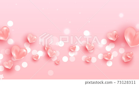 Realistic flying air heart shaped balloon elements and glitter for romantic banner design. Horizontal minimal poster, greeting card, headers for website 73128311