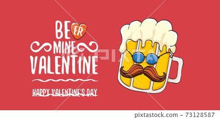 Beer mine valentines vector valentines greeting horizontal banner with beer glass cartoon character isolated on red background. Vector adult valentines day party poster design template 73128587