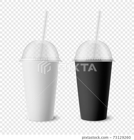 Vector 3d Realistic White, Black Paper Disposable Cup Set with Lid, Straw for Beverage, Drinks Isolated. Coffee, Soda, Tea, Cocktail, Milkshake. Design Template of Packaging for Mockup. Front View 73129260
