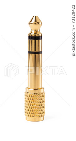 Golden TRS adapter standing upright isolated on white background.  73129422
