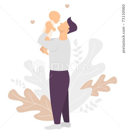 Happy father. Man holds a newborn baby in his arms. Happy family stands against the background of tropical leaves. Vector illustration. Flat design for decoration, print and cards 73130060