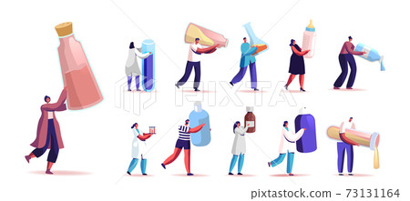 Set of People with Liquids in Bottles, Tubes and Flasks. Male and Female Characters Hold Medicine, Baby Milk, Reagents Set of People with Liquids in Bottles, Tubes and Flasks. Male and Female Characters Hold Medicine, Baby Milk, Reagents 73131164