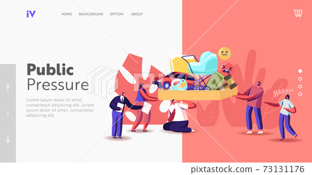 Public Pressure Landing Page Template. Tiny Characters Put Huge Box Full of Society Attributes on Man Shoulders 73131176